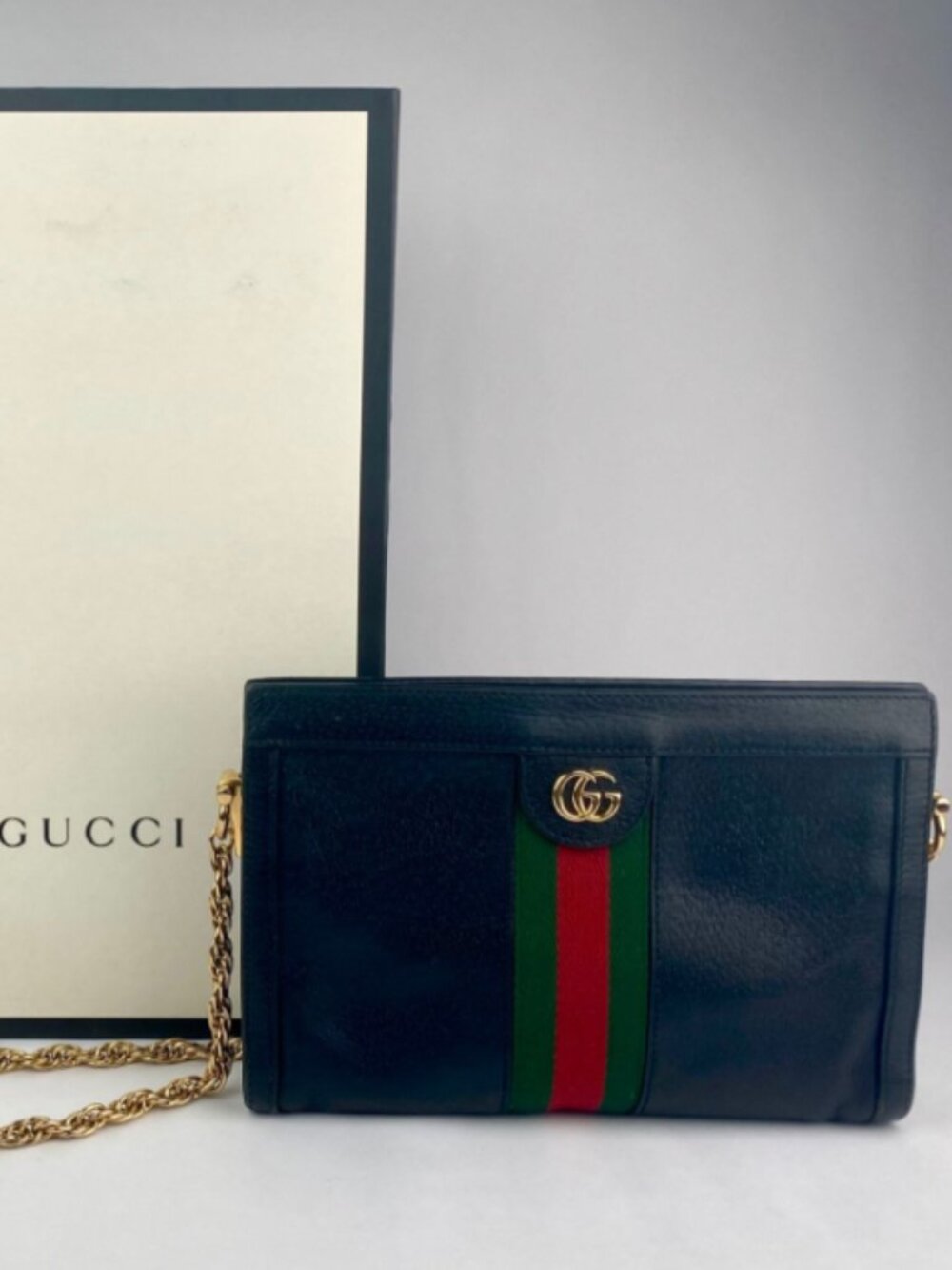 Vintage Gucci Ophidia Web Stripe Leather Chain Shoulder Bag w/ Box